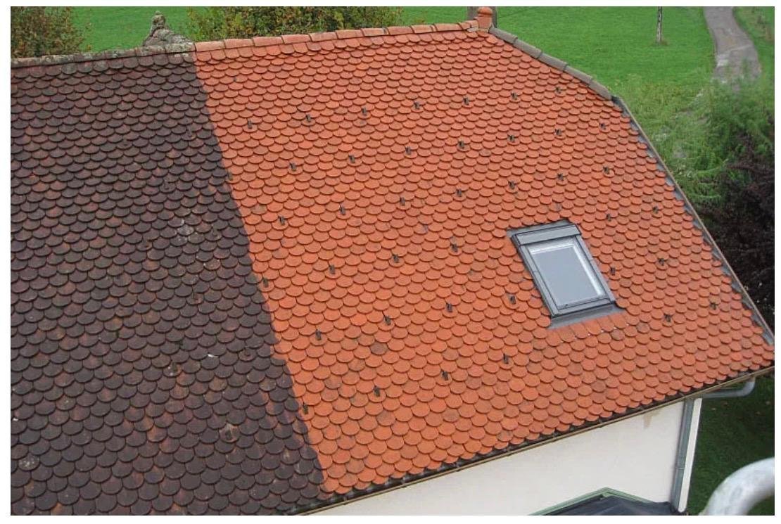 Toiture en tuiles plates écaille dont un versant a été démoussé et l’autre reste couvert de mousse — ND Couverture, couvreur en Indre-et-Loire